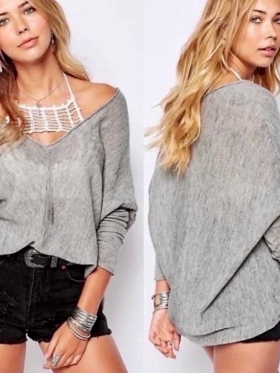 Free People Sweaters - Free People Sadie Dolman Gray Deep V-Neck Wool Lightweight Knit Sweater